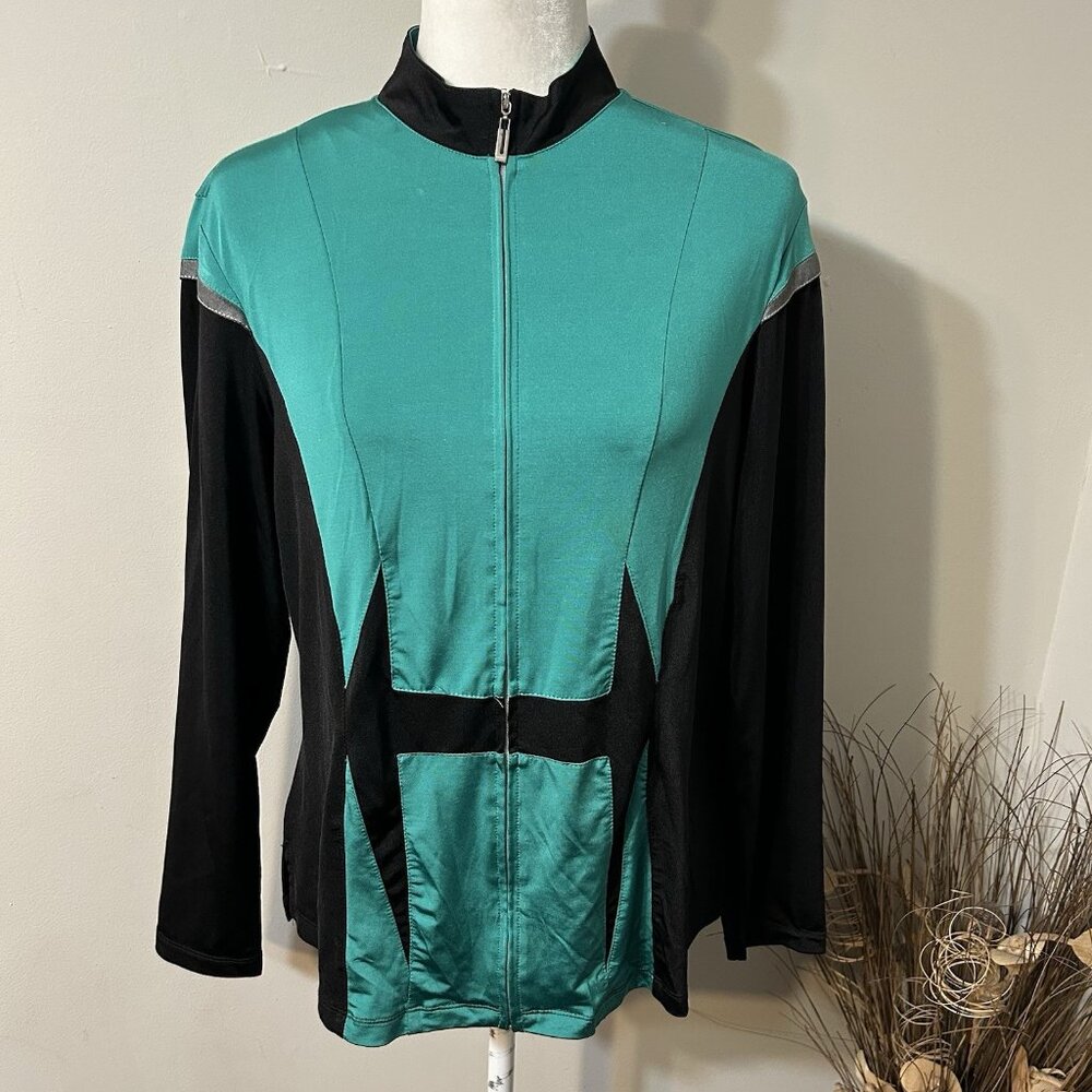 Jamie Sadock Women Full Zip Satin Golf Jacket Stretch Green Black High Neck Sz L
